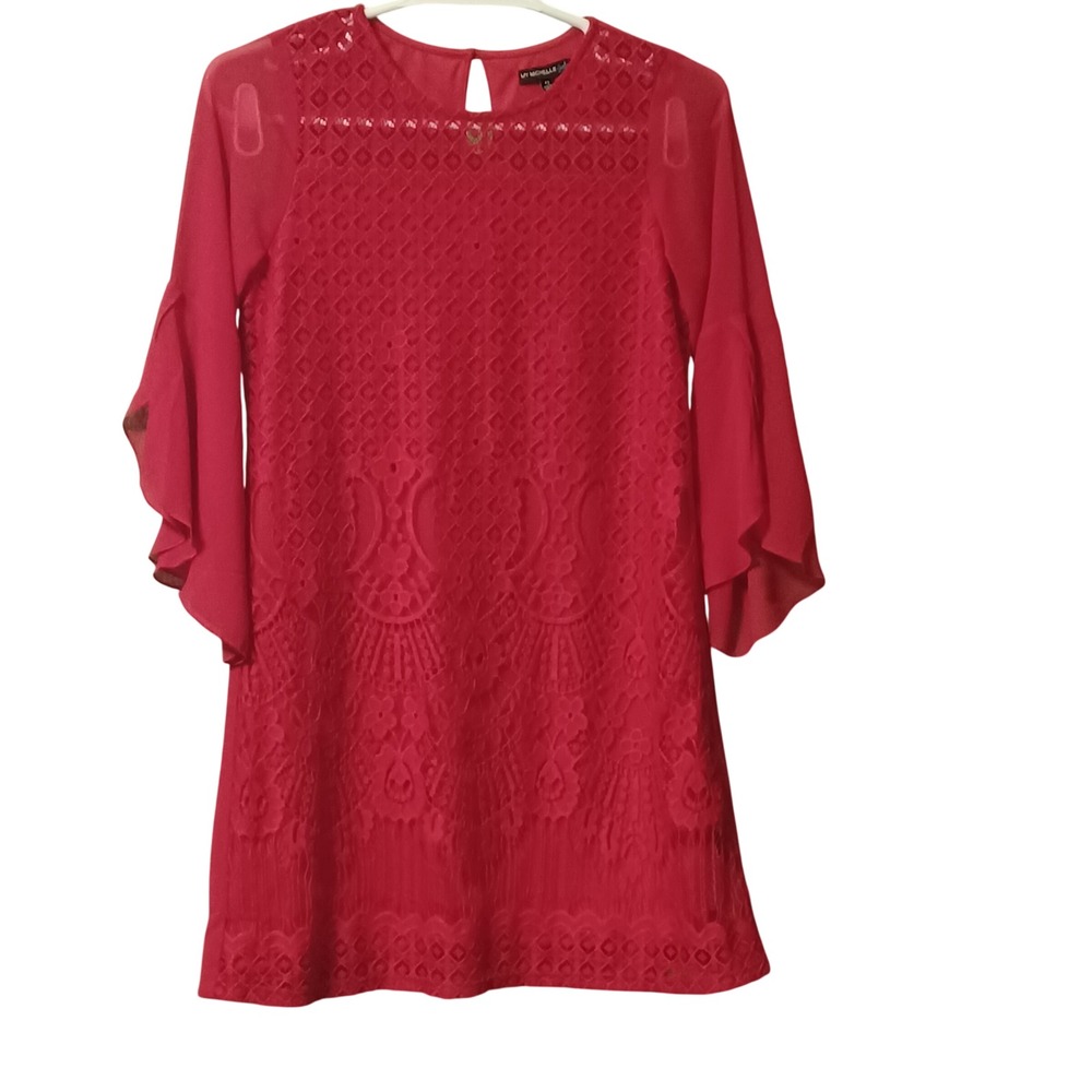 My Michelle Girls Red Lace Overlay Bell Sleeve‎ Shift Dress 14 Special Occasion